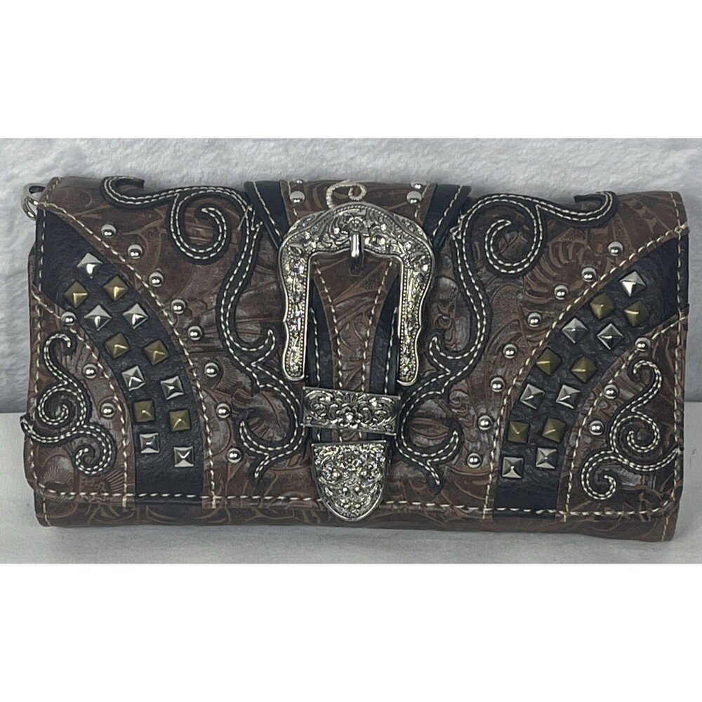 Western Women's Crossbody Trifold Wallet Buckle Studded Tooled Cowgirl Brown NEW